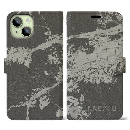 【訓子府（北海道）】地図柄iPhoneケース（手帳タイプ）モノトーン・iPhone 15 用