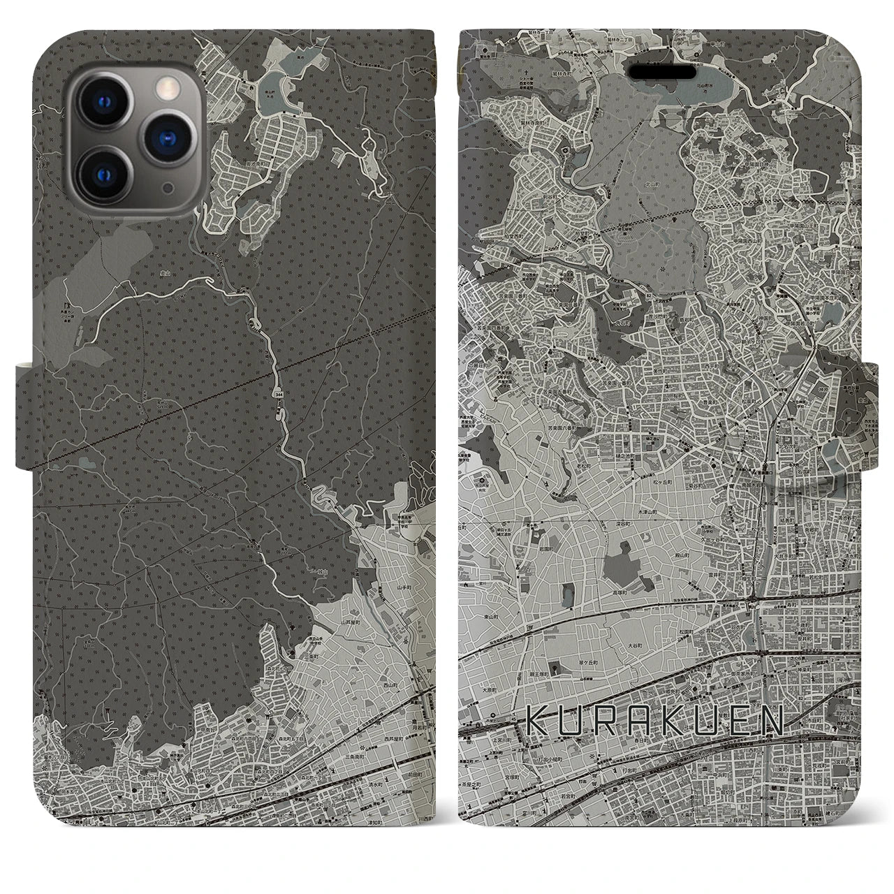 【苦楽園】地図柄iPhoneケース（手帳両面タイプ・モノトーン）iPhone 11 Pro Max 用