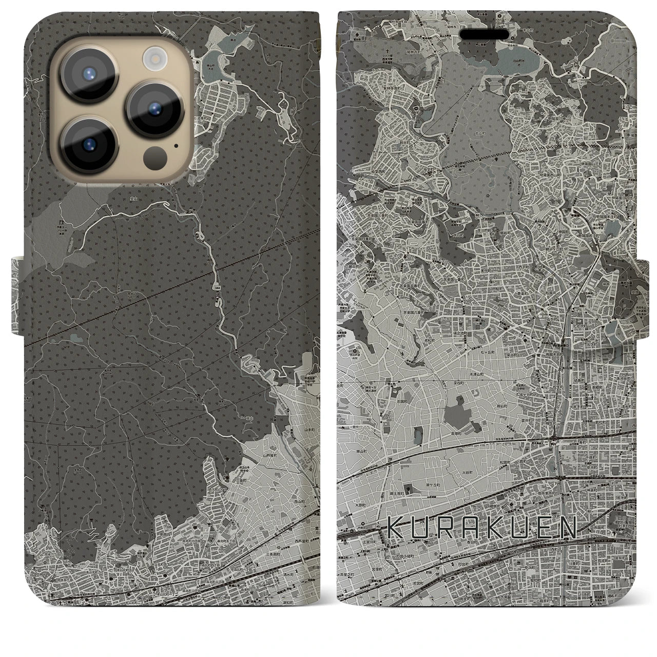 【苦楽園】地図柄iPhoneケース（手帳両面タイプ・モノトーン）iPhone 14 Pro Max 用