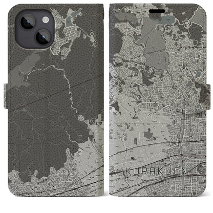 【苦楽園（兵庫県）】地図柄iPhoneケース（手帳タイプ）モノトーン・iPhone 14 Plus 用