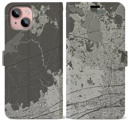 【苦楽園（兵庫県）】地図柄iPhoneケース（手帳タイプ）モノトーン・iPhone 15 Plus 用