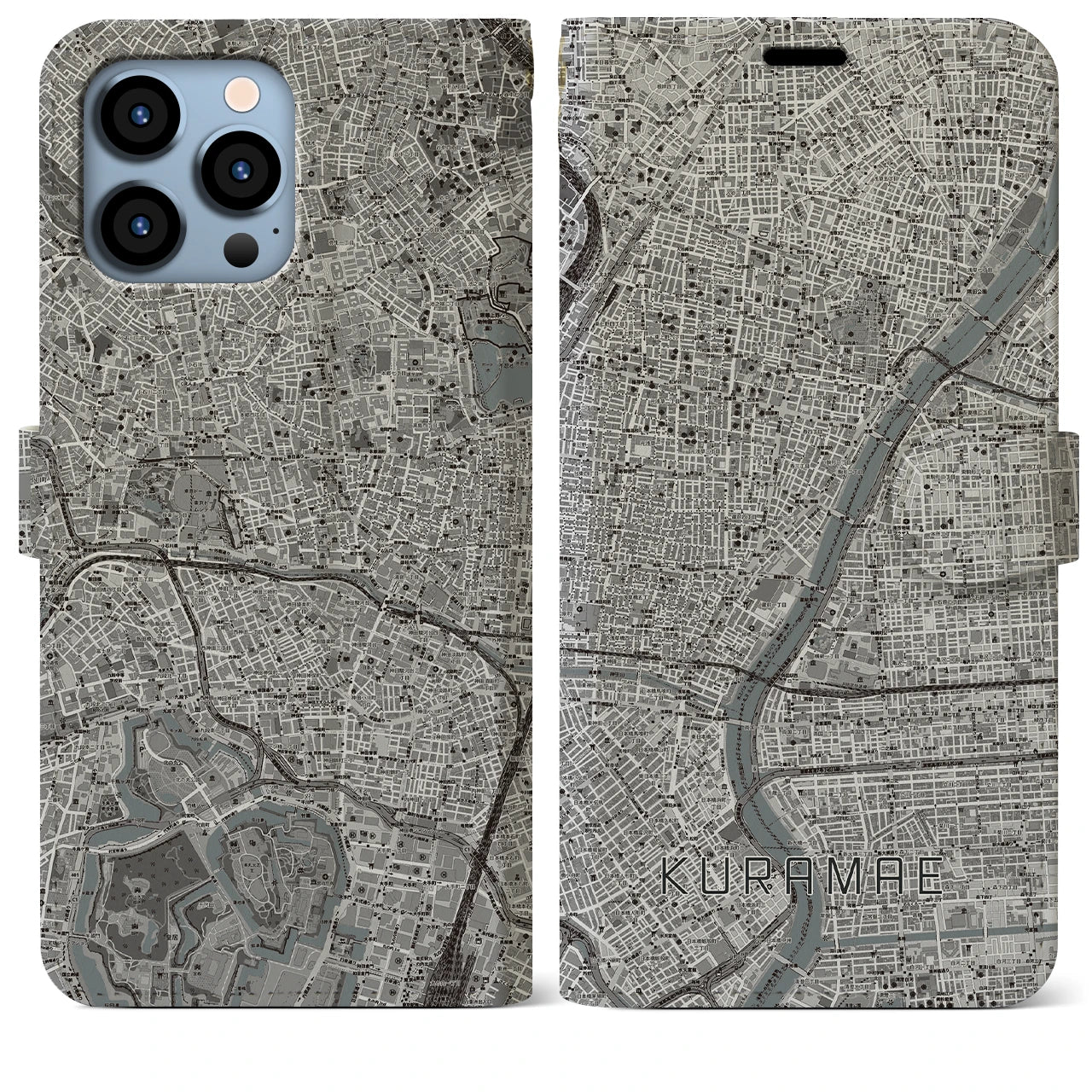 【蔵前】地図柄iPhoneケース（手帳両面タイプ・モノトーン）iPhone 13 Pro Max 用