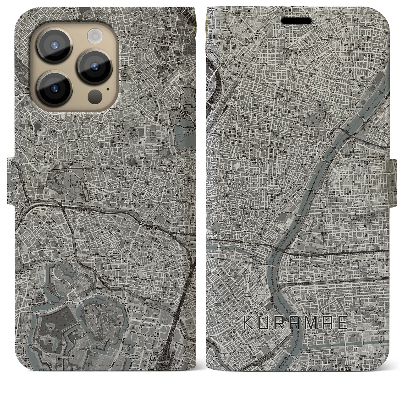 【蔵前】地図柄iPhoneケース（手帳両面タイプ・モノトーン）iPhone 14 Pro Max 用