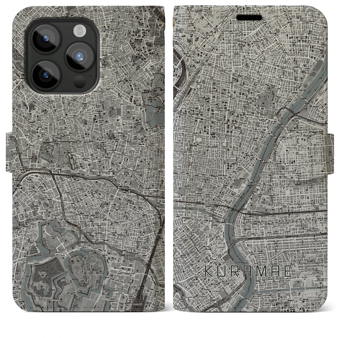 【蔵前】地図柄iPhoneケース（手帳両面タイプ・モノトーン）iPhone 15 Pro Max 用