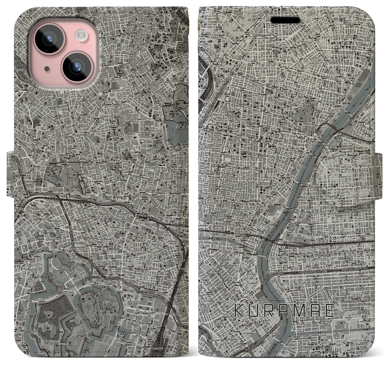 【蔵前】地図柄iPhoneケース（手帳両面タイプ・モノトーン）iPhone 15 Plus 用