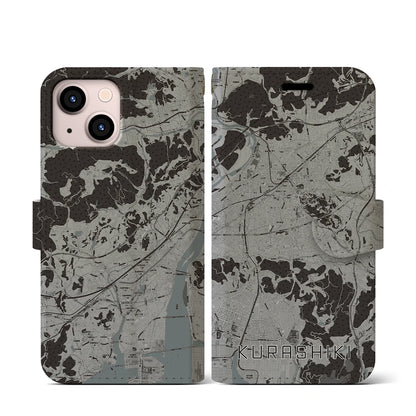 【倉敷（岡山県）】地図柄iPhoneケース（手帳タイプ）モノトーン・iPhone 13 mini 用