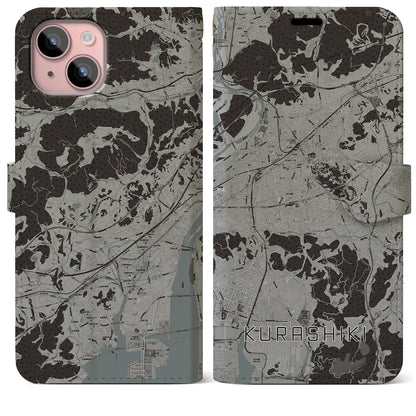 【倉敷（岡山県）】地図柄iPhoneケース（手帳タイプ）モノトーン・iPhone 15 Plus 用