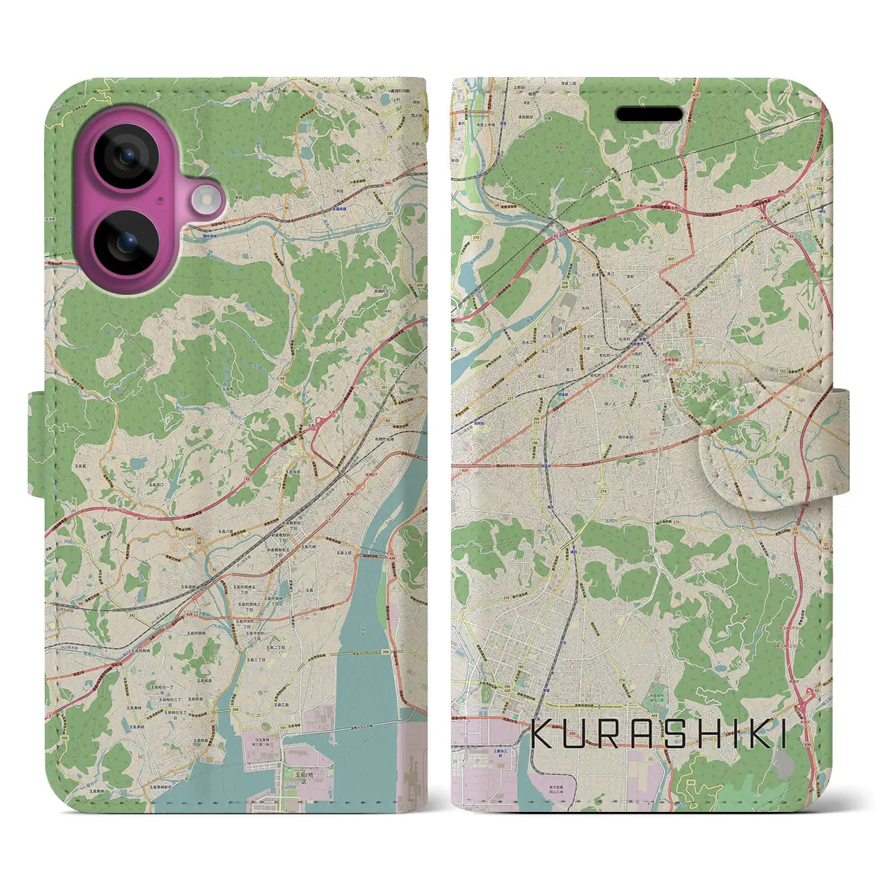 【倉敷（岡山県）】地図柄iPhoneケース（手帳タイプ）ナチュラル・iPhone 16 Pro 用