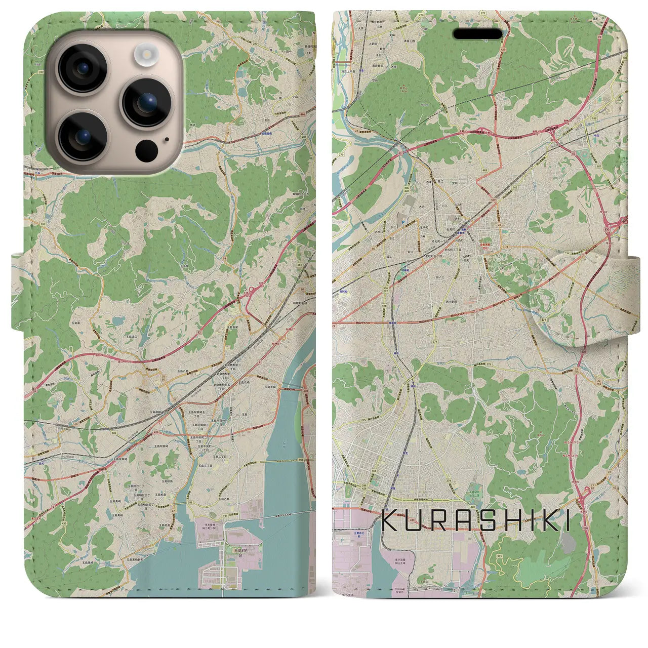 【倉敷（岡山県）】地図柄iPhoneケース（手帳タイプ）ナチュラル・iPhone 16 Plus 用