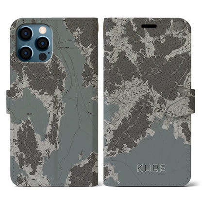 【呉（広島県）】地図柄iPhoneケース（手帳タイプ）モノトーン・iPhone 12 / 12 Pro 用