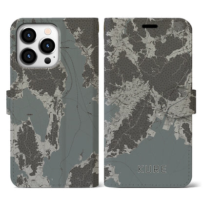【呉（広島県）】地図柄iPhoneケース（手帳タイプ）モノトーン・iPhone 13 Pro 用