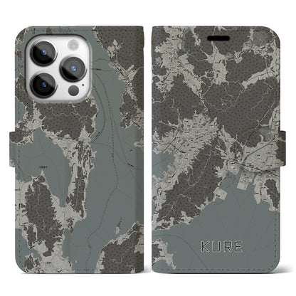【呉（広島県）】地図柄iPhoneケース（手帳タイプ）モノトーン・iPhone 14 Pro 用
