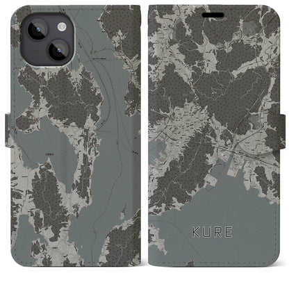 【呉（広島県）】地図柄iPhoneケース（手帳タイプ）モノトーン・iPhone 14 Plus 用
