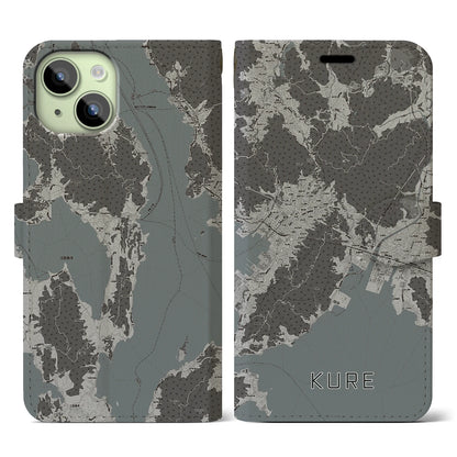 【呉（広島県）】地図柄iPhoneケース（手帳タイプ）モノトーン・iPhone 15 用