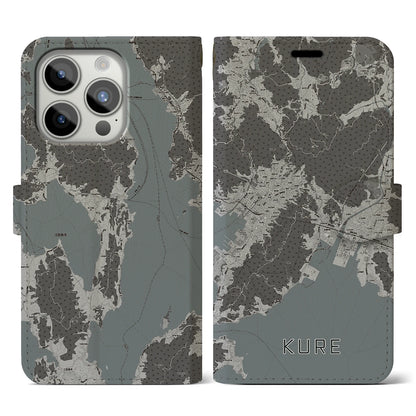 【呉（広島県）】地図柄iPhoneケース（手帳タイプ）モノトーン・iPhone 15 Pro 用