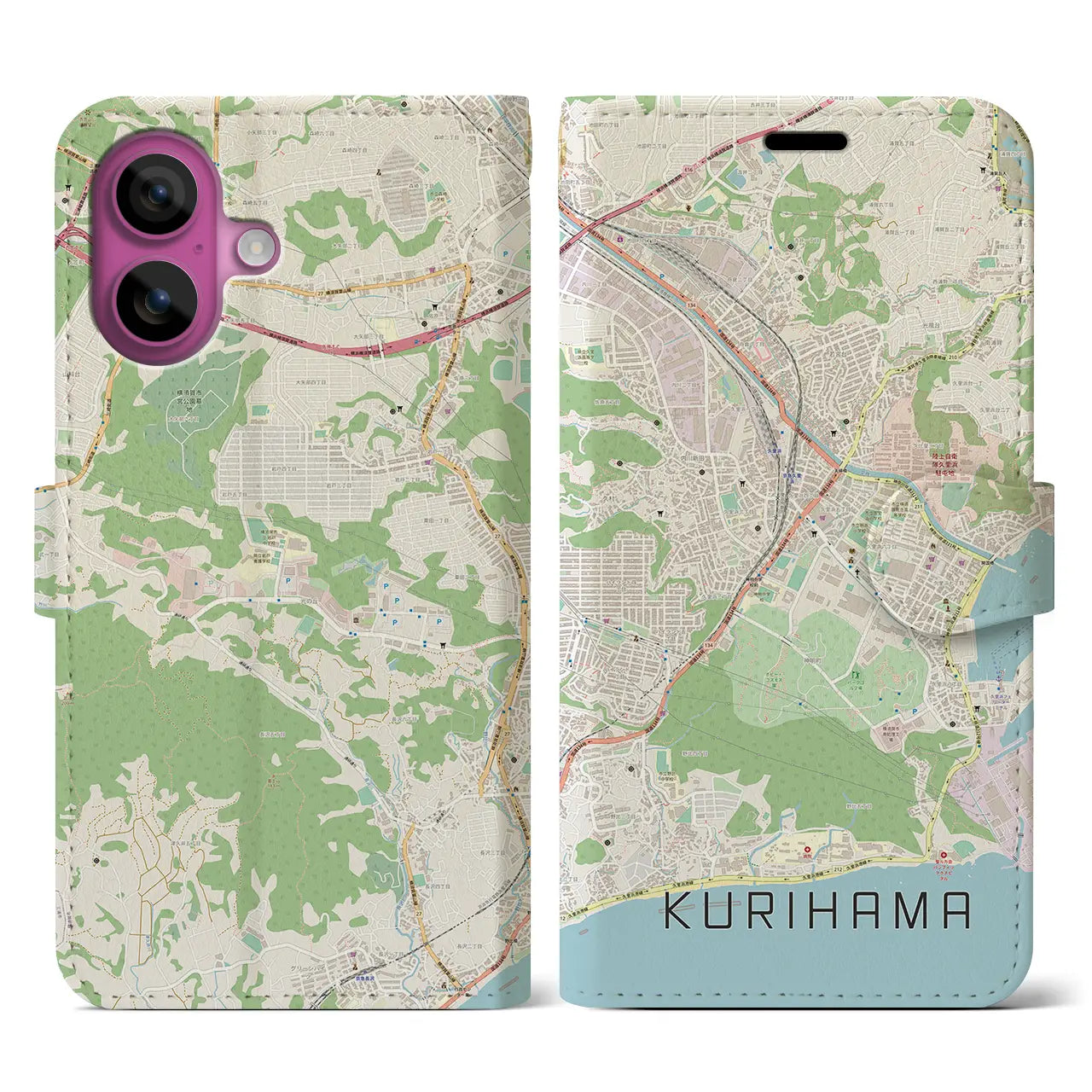 【久里浜（神奈川県）】地図柄iPhoneケース（手帳タイプ）ナチュラル・iPhone 16 Pro 用