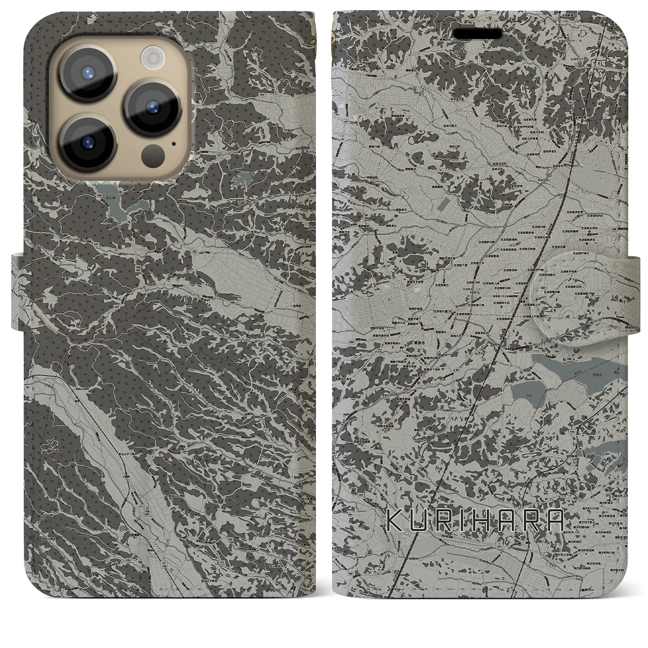 【栗原】地図柄iPhoneケース（手帳両面タイプ・モノトーン）iPhone 14 Pro Max 用