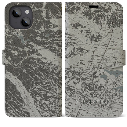 【栗原（宮城県）】地図柄iPhoneケース（手帳タイプ）モノトーン・iPhone 14 Plus 用