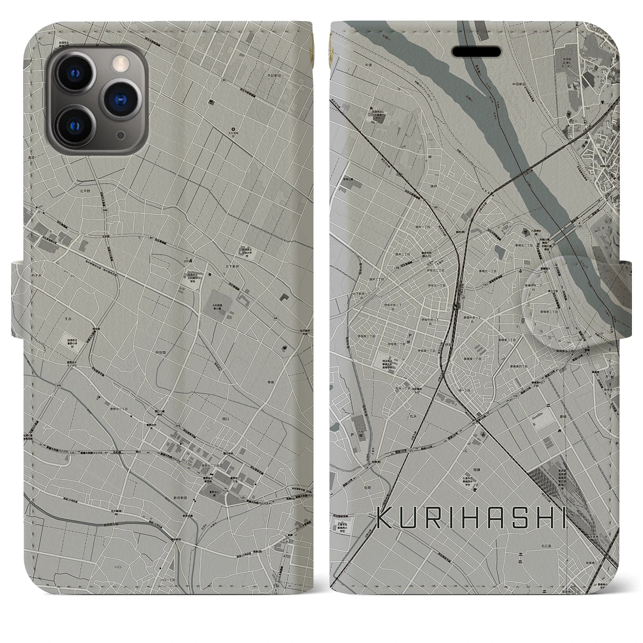 【栗橋】地図柄iPhoneケース（手帳両面タイプ・モノトーン）iPhone 11 Pro Max 用