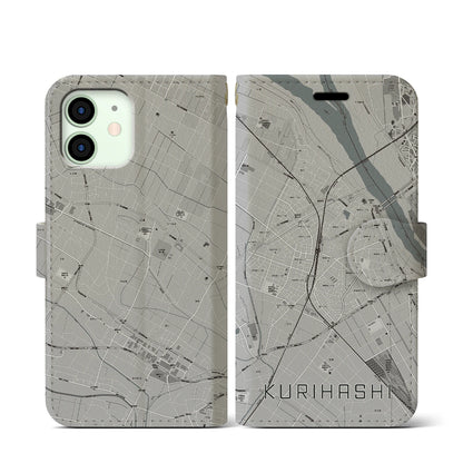 【栗橋（埼玉県）】地図柄iPhoneケース（手帳タイプ）モノトーン・iPhone 12 mini 用