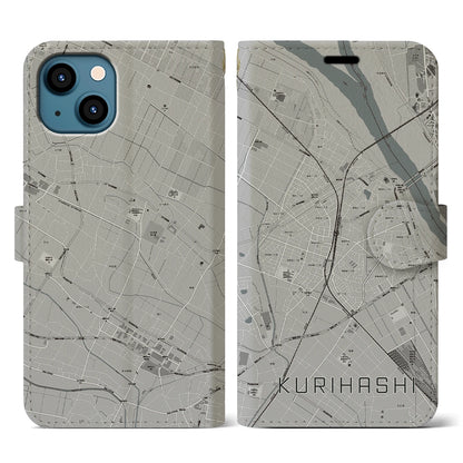 【栗橋（埼玉県）】地図柄iPhoneケース（手帳タイプ）モノトーン・iPhone 13 用