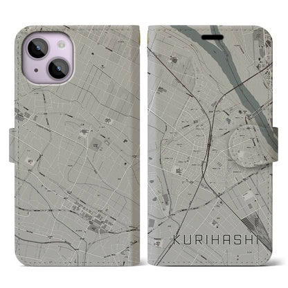 【栗橋（埼玉県）】地図柄iPhoneケース（手帳タイプ）モノトーン・iPhone 14 用