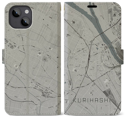 【栗橋（埼玉県）】地図柄iPhoneケース（手帳タイプ）モノトーン・iPhone 14 Plus 用