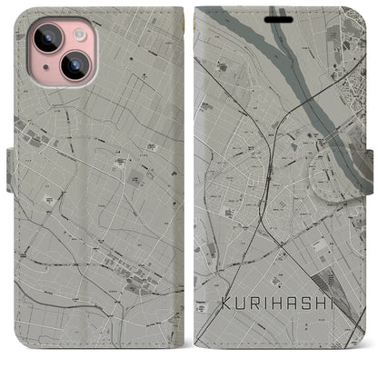 【栗橋（埼玉県）】地図柄iPhoneケース（手帳タイプ）モノトーン・iPhone 15 Plus 用