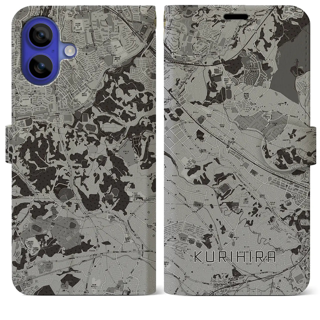 【栗平(神奈川県)】地図柄iPhoneケース(手帳タイプ)モノトーン・iPhone 16 Pro Max 用