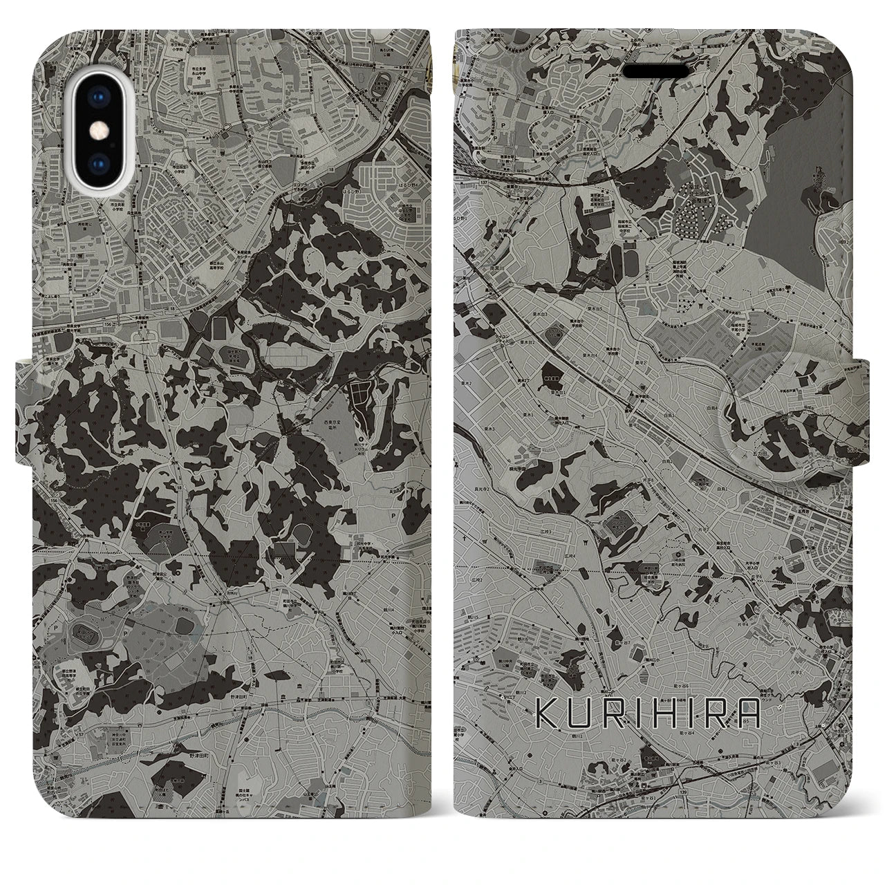 【栗平（神奈川県）】地図柄iPhoneケース（手帳タイプ）モノトーン・iPhone XS Max 用