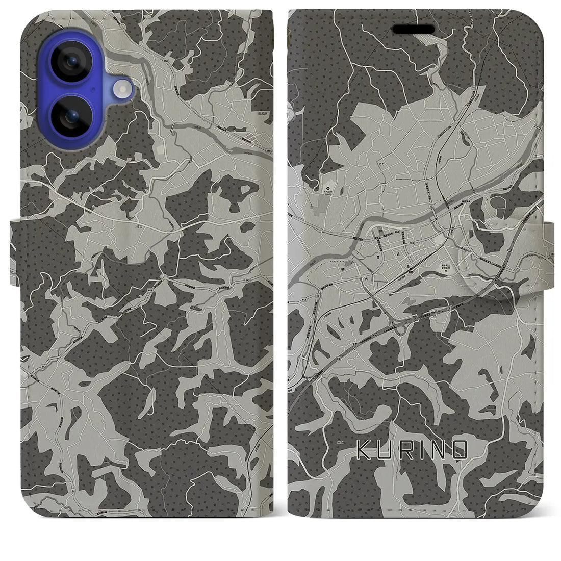 【栗野(鹿児島県)】地図柄iPhoneケース(手帳タイプ)モノトーン・iPhone 16 Pro Max 用