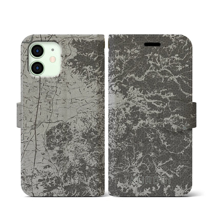 【黒木（福岡県）】地図柄iPhoneケース（手帳タイプ）モノトーン・iPhone 12 mini 用