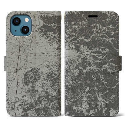 【黒木（福岡県）】地図柄iPhoneケース（手帳タイプ）モノトーン・iPhone 13 用