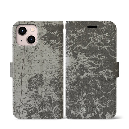 【黒木（福岡県）】地図柄iPhoneケース（手帳タイプ）モノトーン・iPhone 13 mini 用