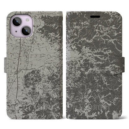 【黒木（福岡県）】地図柄iPhoneケース（手帳タイプ）モノトーン・iPhone 14 用