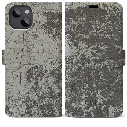 【黒木（福岡県）】地図柄iPhoneケース（手帳タイプ）モノトーン・iPhone 14 Plus 用