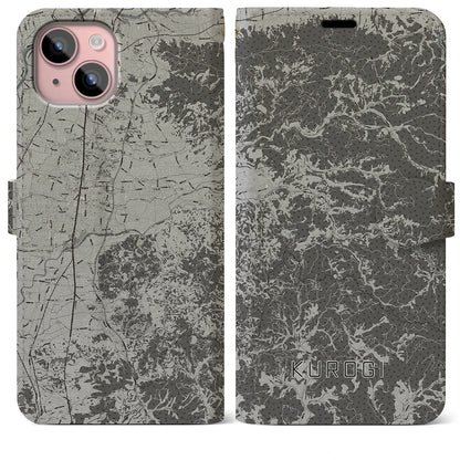 【黒木（福岡県）】地図柄iPhoneケース（手帳タイプ）モノトーン・iPhone 15 Plus 用