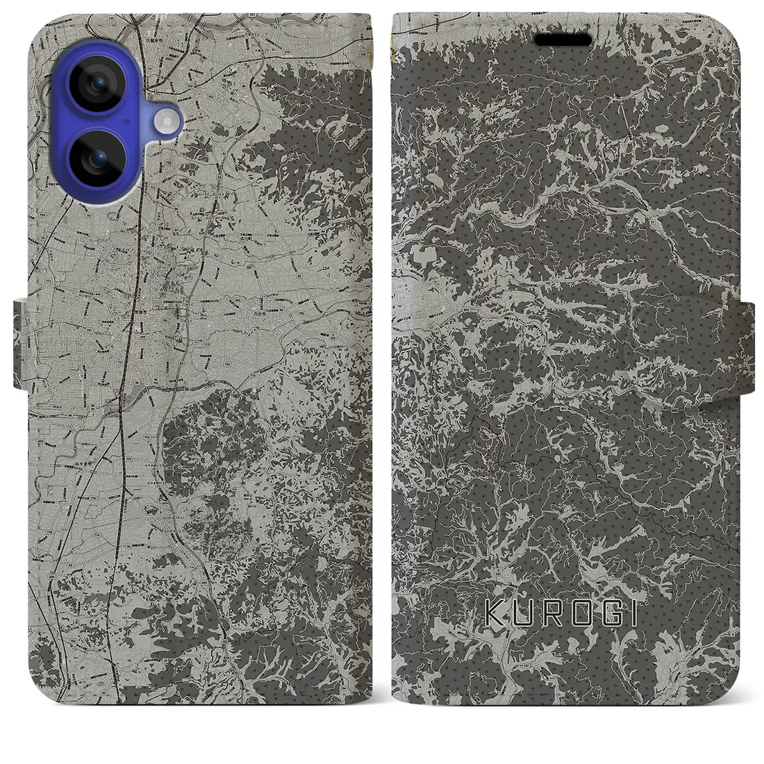 【黒木(福岡県)】地図柄iPhoneケース(手帳タイプ)モノトーン・iPhone 16 Pro Max 用