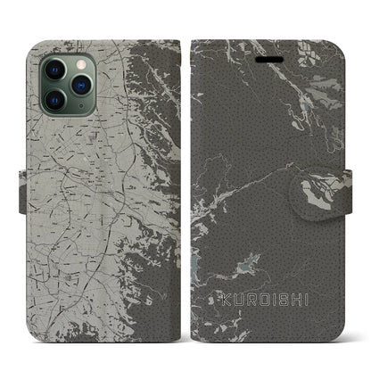 【黒石（青森県）】地図柄iPhoneケース（手帳タイプ）モノトーン・iPhone 11 Pro 用