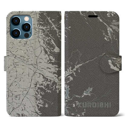 【黒石（青森県）】地図柄iPhoneケース（手帳タイプ）モノトーン・iPhone 12 / 12 Pro 用
