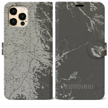 【黒石（青森県）】地図柄iPhoneケース（手帳タイプ）モノトーン・iPhone 12 Pro Max 用