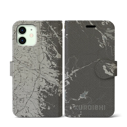 【黒石（青森県）】地図柄iPhoneケース（手帳タイプ）モノトーン・iPhone 12 mini 用