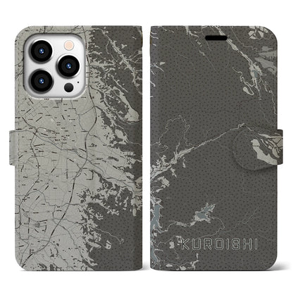 【黒石（青森県）】地図柄iPhoneケース（手帳タイプ）モノトーン・iPhone 13 Pro 用