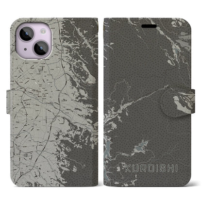 【黒石（青森県）】地図柄iPhoneケース（手帳タイプ）モノトーン・iPhone 14 用