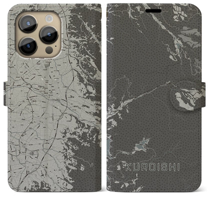 【黒石（青森県）】地図柄iPhoneケース（手帳タイプ）モノトーン・iPhone 14 Pro Max 用