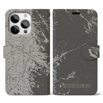 【黒石（青森県）】地図柄iPhoneケース（手帳タイプ）モノトーン・iPhone 14 Pro 用