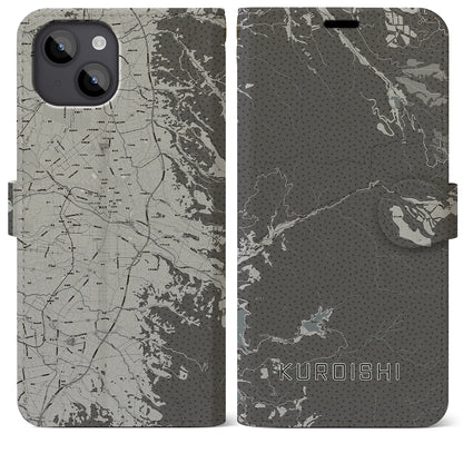 【黒石（青森県）】地図柄iPhoneケース（手帳タイプ）モノトーン・iPhone 14 Plus 用