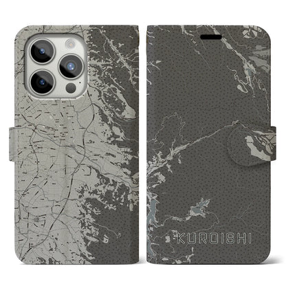 【黒石（青森県）】地図柄iPhoneケース（手帳タイプ）モノトーン・iPhone 15 Pro 用