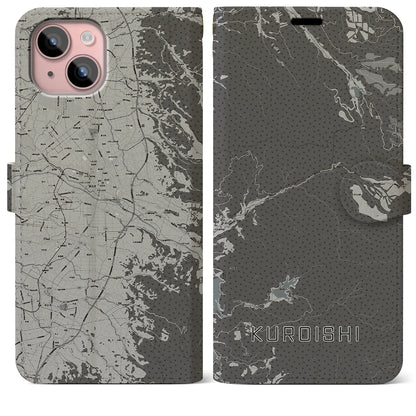 【黒石（青森県）】地図柄iPhoneケース（手帳タイプ）モノトーン・iPhone 15 Plus 用