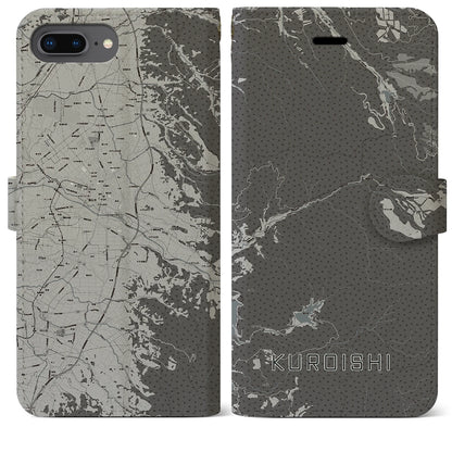 【黒石（青森県）】地図柄iPhoneケース（手帳タイプ）モノトーン・iPhone 8Plus /7Plus / 6sPlus / 6Plus 用
